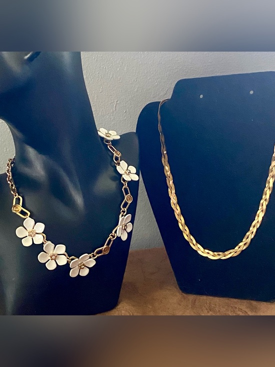 Charming Charlie Jewelry - Gold and with White Daisy Charm Necklace and Stainless Steele Gold Braid Chain